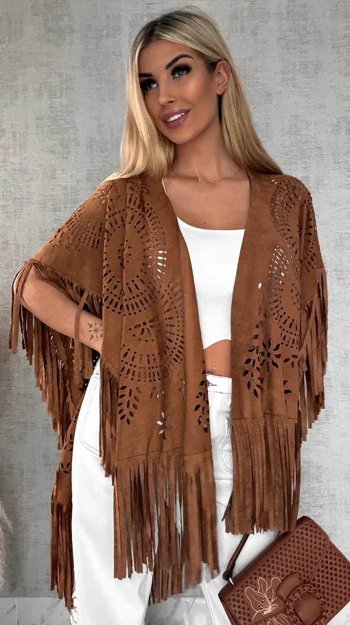 Oryginalna zamszowa BOHO narzutka ażurowa ONE SIZE - R488
