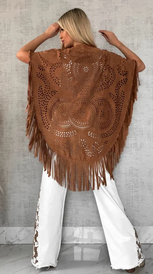 Oryginalna zamszowa BOHO narzutka ażurowa ONE SIZE - R488