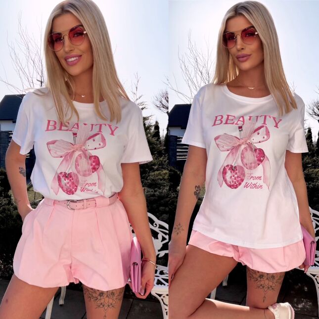 Biała bawełniana bluzka T-SHIRT z kokardką i wisienkami ONE SIZE - R793