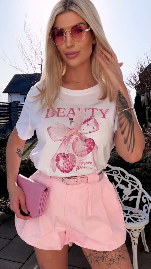 Biała bawełniana bluzka T-SHIRT z kokardką i wisienkami ONE SIZE - R793