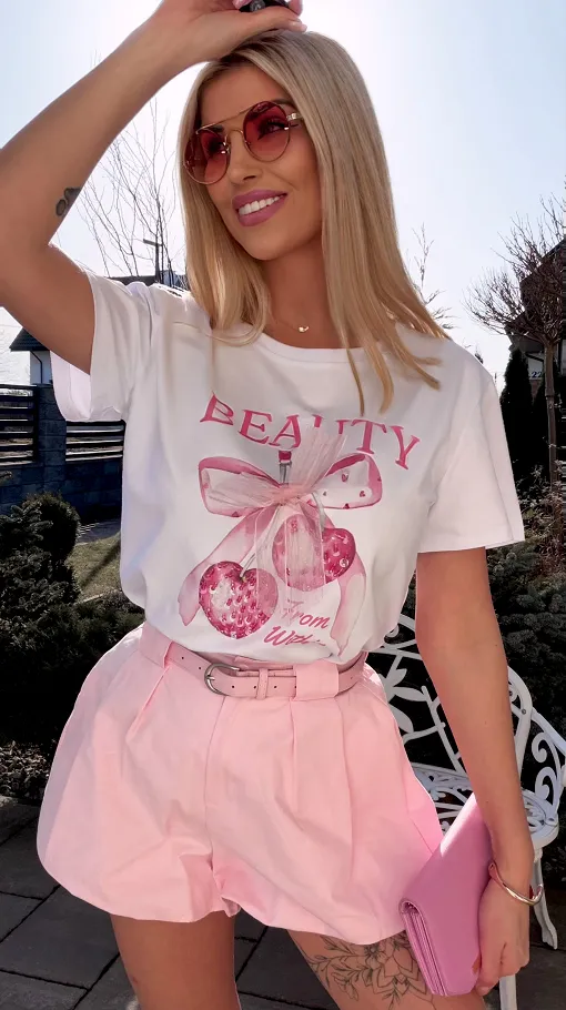 Biała bawełniana bluzka T-SHIRT z kokardką i wisienkami ONE SIZE - R793