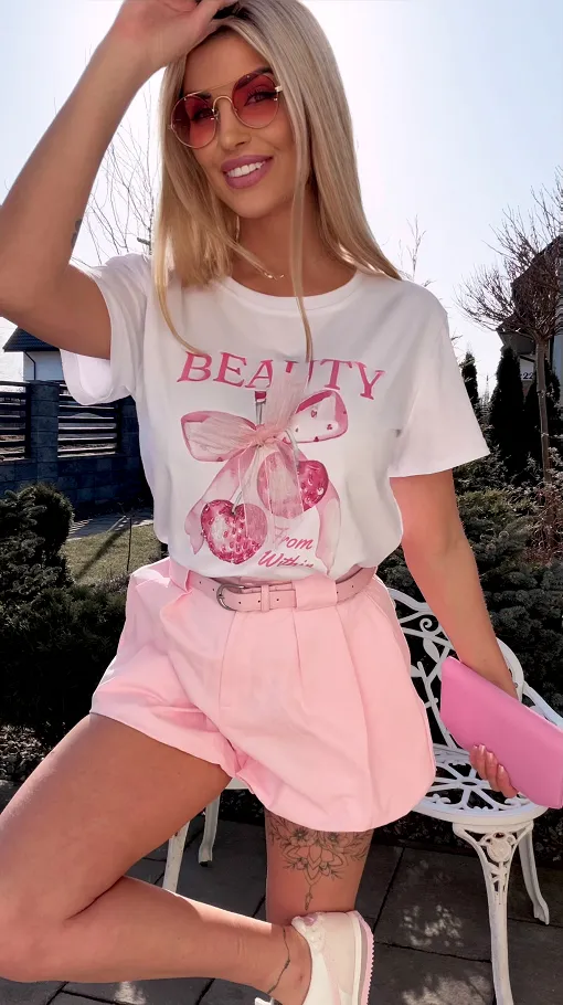 Biała bawełniana bluzka T-SHIRT z kokardką i wisienkami ONE SIZE - R793