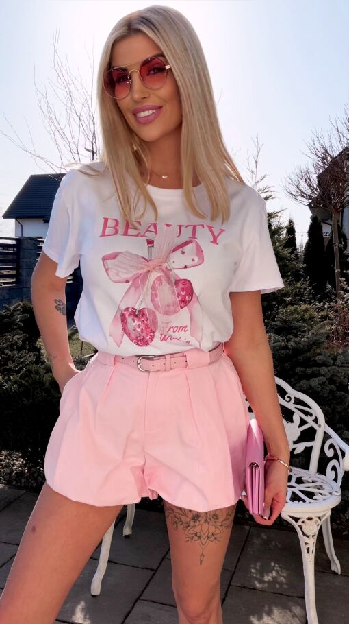 Biała bawełniana bluzka T-SHIRT z kokardką i wisienkami ONE SIZE - R793