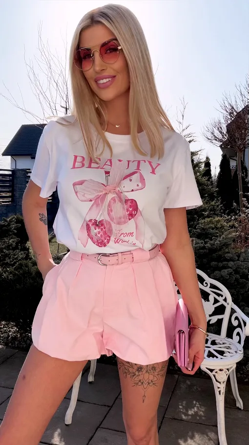 Biała bawełniana bluzka T-SHIRT z kokardką i wisienkami ONE SIZE - R793