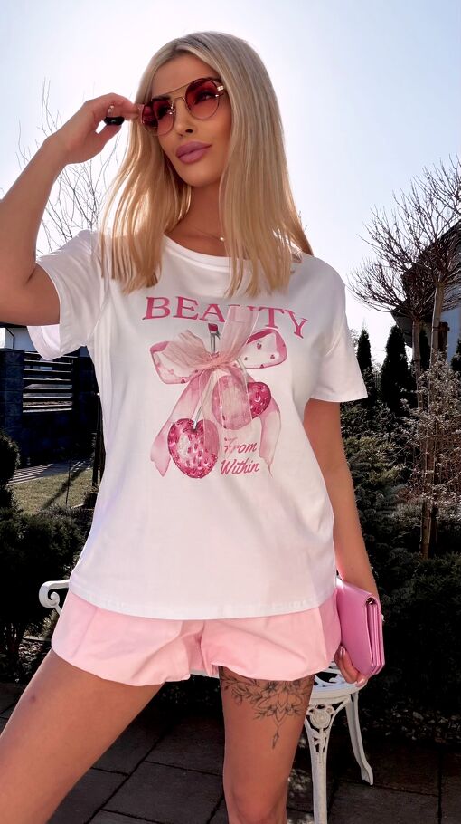 Biała bawełniana bluzka T-SHIRT z kokardką i wisienkami ONE SIZE - R793