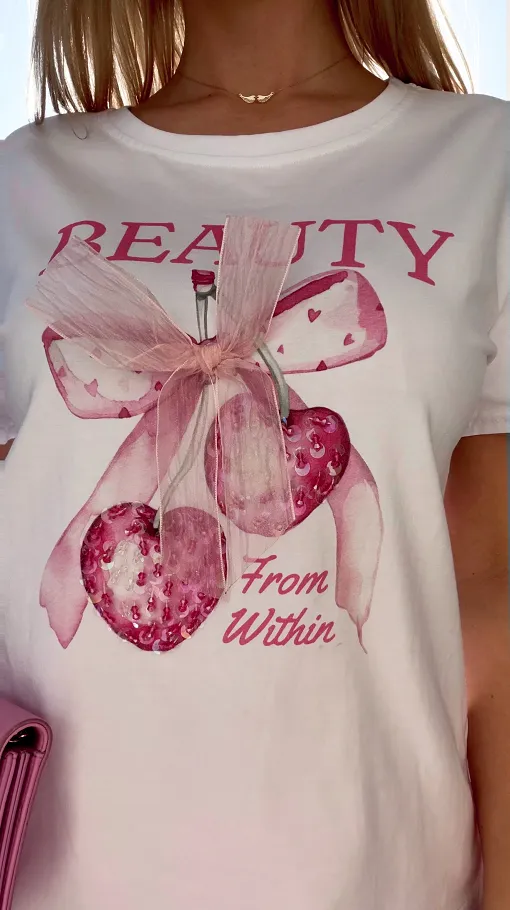 Biała bawełniana bluzka T-SHIRT z kokardką i wisienkami ONE SIZE - R793