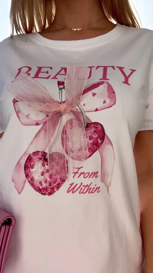 Biała bawełniana bluzka T-SHIRT z kokardką i wisienkami ONE SIZE - R793