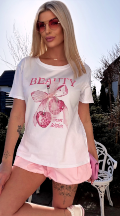 Biała bawełniana bluzka T-SHIRT z kokardką i wisienkami ONE SIZE - R793