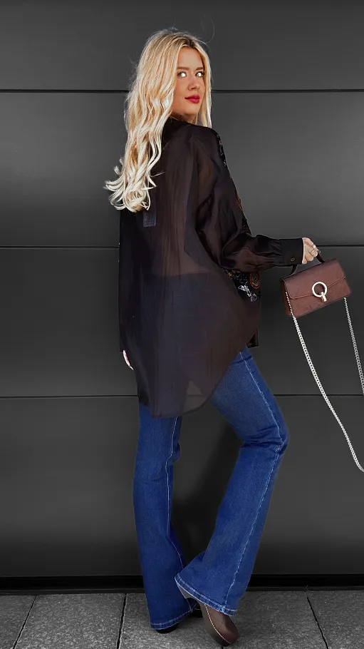 Czarna koszula w brązowe satynowe kwiaty ONE SIZE - R098