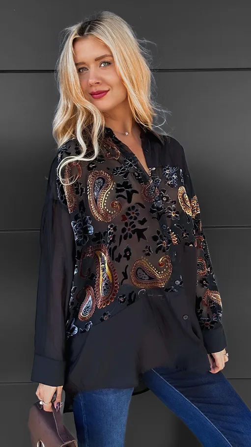 Czarna koszula w brązowe satynowe kwiaty ONE SIZE - R098