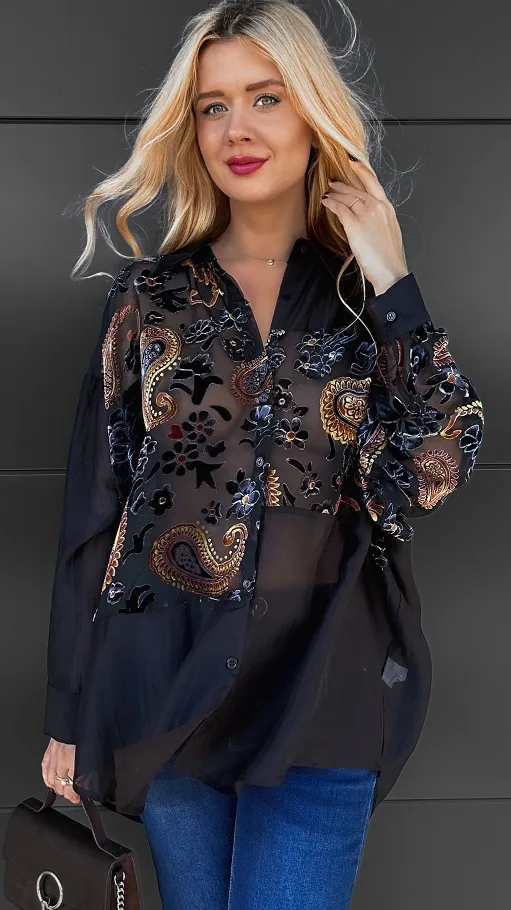 Czarna koszula w brązowe satynowe kwiaty ONE SIZE - R098