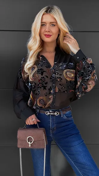 Czarna koszula w brązowe satynowe kwiaty ONE SIZE - R098