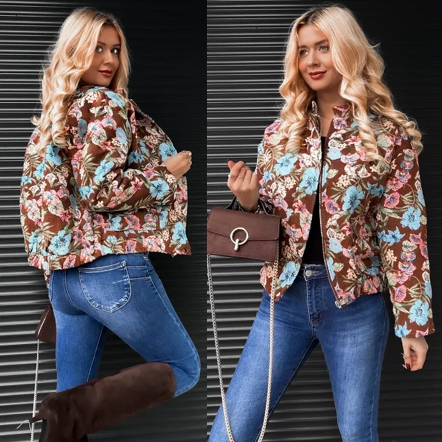Brązowa bawełniana kurtka haftowana w kolorowe kwiaty ONE SIZE - R251