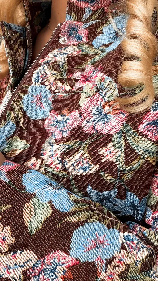 Brązowa bawełniana kurtka haftowana w kolorowe kwiaty ONE SIZE - R251