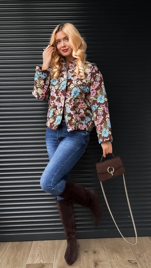 Brązowa bawełniana kurtka haftowana w kolorowe kwiaty ONE SIZE - R251