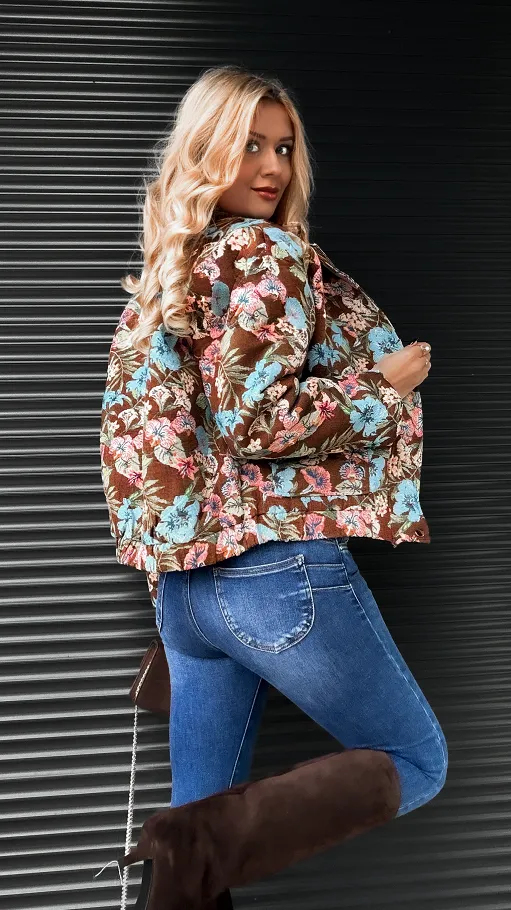Brązowa bawełniana kurtka haftowana w kolorowe kwiaty ONE SIZE - R251