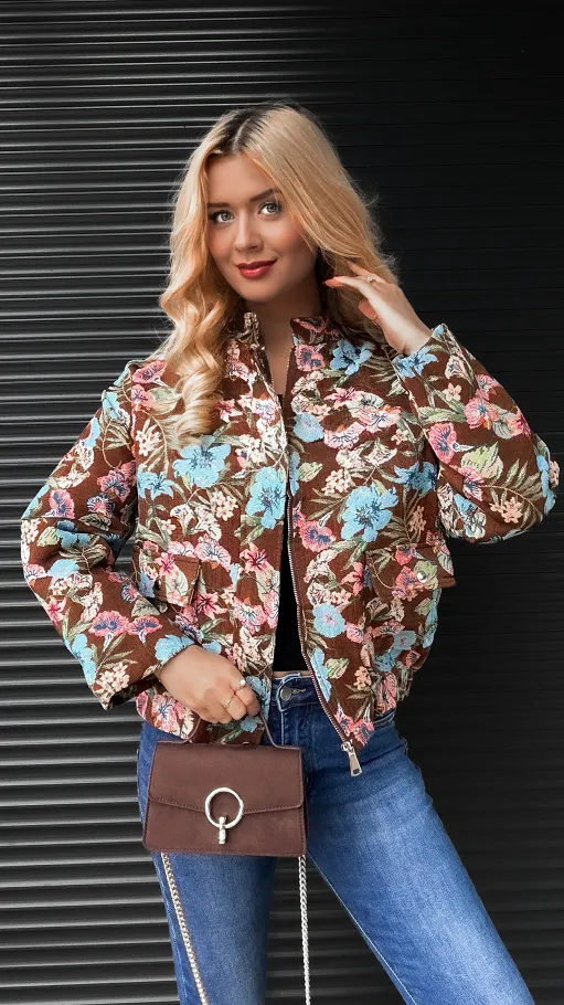 Brązowa bawełniana kurtka haftowana w kolorowe kwiaty ONE SIZE - R251