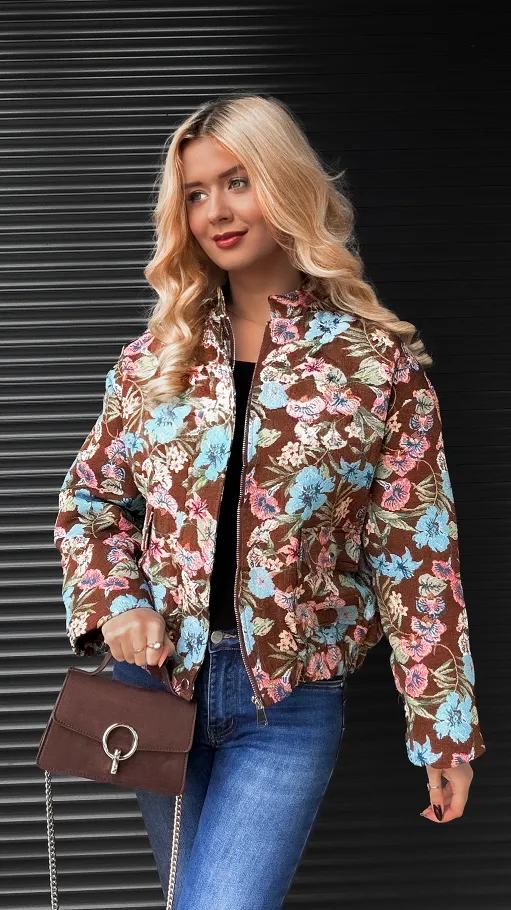 Brązowa bawełniana kurtka haftowana w kolorowe kwiaty ONE SIZE - R251