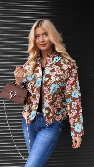 Brązowa bawełniana kurtka haftowana w kolorowe kwiaty ONE SIZE - R251