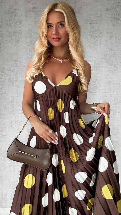 Brązowa MAXI sukienka plisowana w duże grochy ONE SIZE - P777A