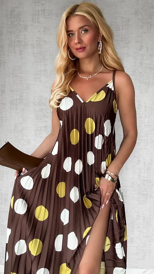 Brązowa MAXI sukienka plisowana w duże grochy ONE SIZE - P777A