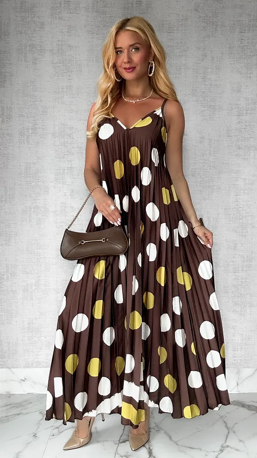 Brązowa MAXI sukienka plisowana w duże grochy ONE SIZE - P777A