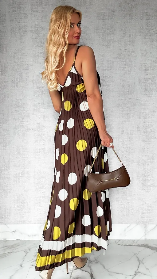 Brązowa MAXI sukienka plisowana w duże grochy ONE SIZE - P777A