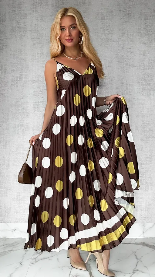 Brązowa MAXI sukienka plisowana w duże grochy ONE SIZE - P777A