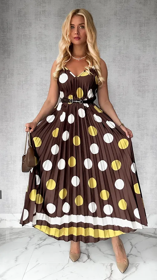 Brązowa MAXI sukienka plisowana w duże grochy ONE SIZE - P777A