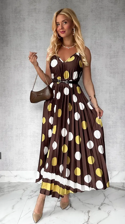 Brązowa MAXI sukienka plisowana w duże grochy ONE SIZE - P777A