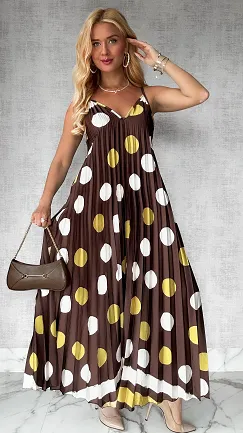 Brązowa MAXI sukienka plisowana w duże grochy ONE SIZE - P777A