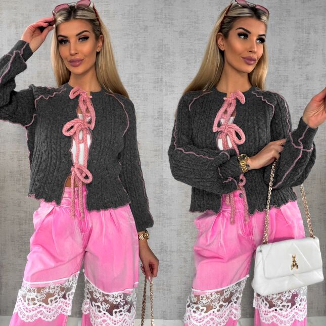 Wiosenny wiązany sweter warkocz SZARY z różowymi dodatkami ONE SIZE - R598A
