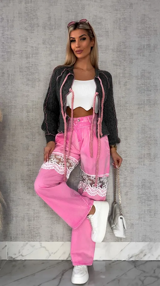 Wiosenny wiązany sweter warkocz SZARY z różowymi dodatkami ONE SIZE - R598A