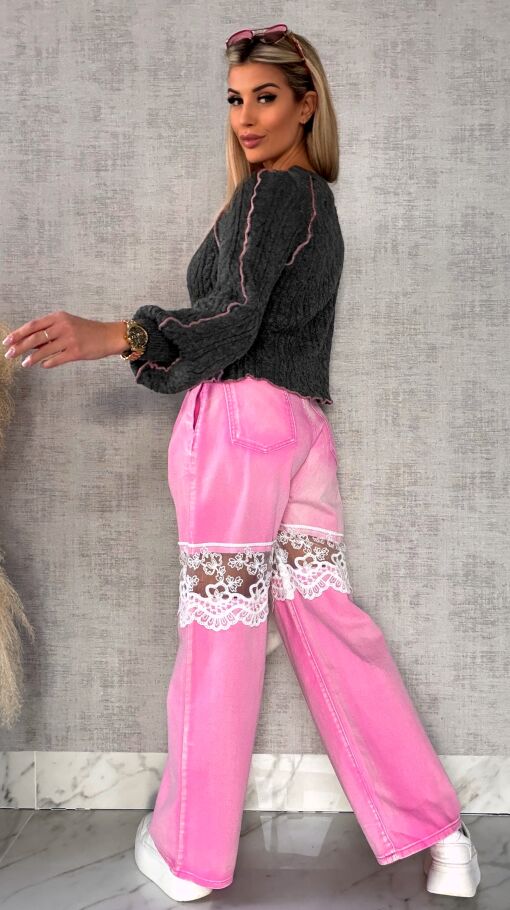 Wiosenny wiązany sweter warkocz SZARY z różowymi dodatkami ONE SIZE - R598A