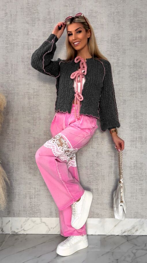 Wiosenny wiązany sweter warkocz SZARY z różowymi dodatkami ONE SIZE - R598A