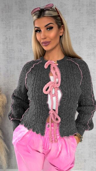 Wiosenny wiązany sweter warkocz SZARY z różowymi dodatkami ONE SIZE - R598A
