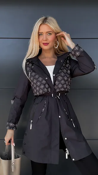 Oryginalna kurtka PARKA zdobiona modnym wzorem CZARNA - P948