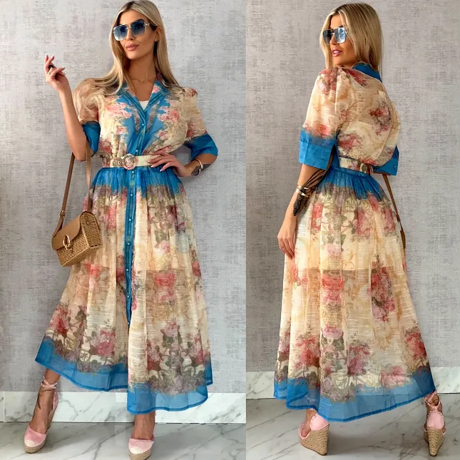 Wyjątkowa MAXI sukienka w kwiaty zapinana na guziki z paskiem - R464