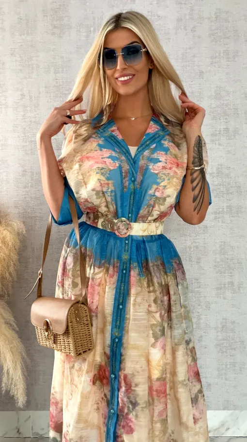 Wyjątkowa MAXI sukienka w kwiaty zapinana na guziki z paskiem - R464