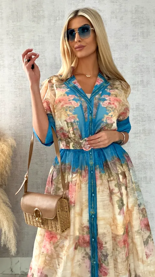 Wyjątkowa MAXI sukienka w kwiaty zapinana na guziki z paskiem - R464