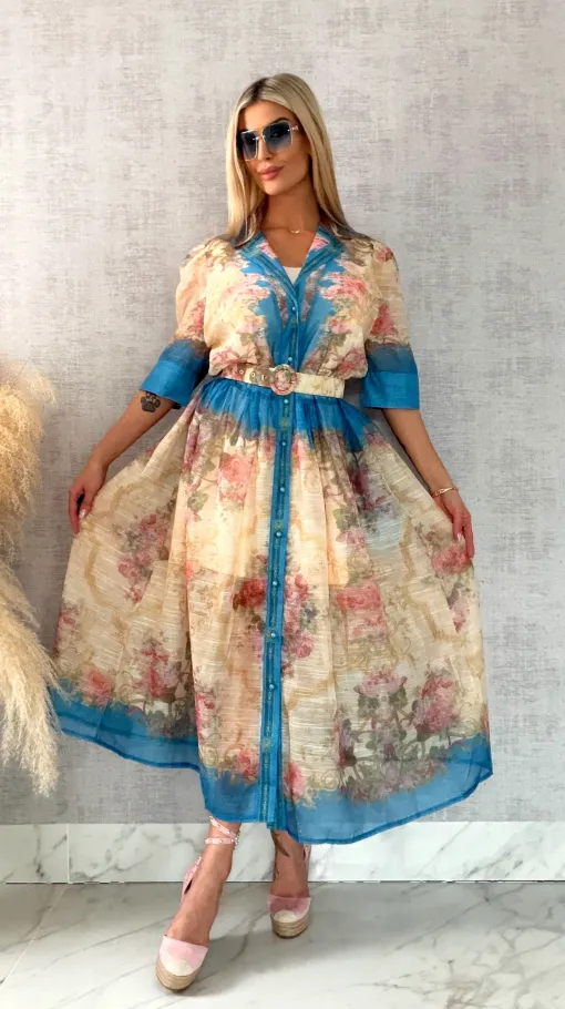 Wyjątkowa MAXI sukienka w kwiaty zapinana na guziki z paskiem - R464