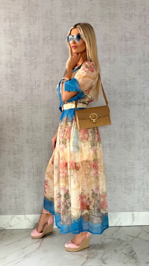 Wyjątkowa MAXI sukienka w kwiaty zapinana na guziki z paskiem - R464