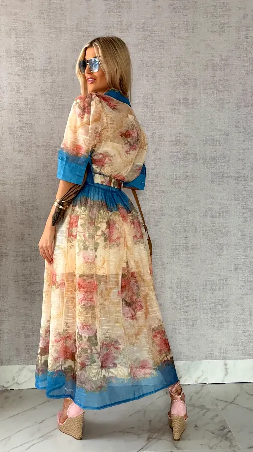 Wyjątkowa MAXI sukienka w kwiaty zapinana na guziki z paskiem - R464