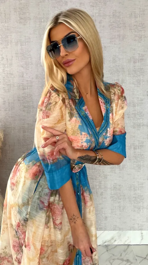 Wyjątkowa MAXI sukienka w kwiaty zapinana na guziki z paskiem - R464