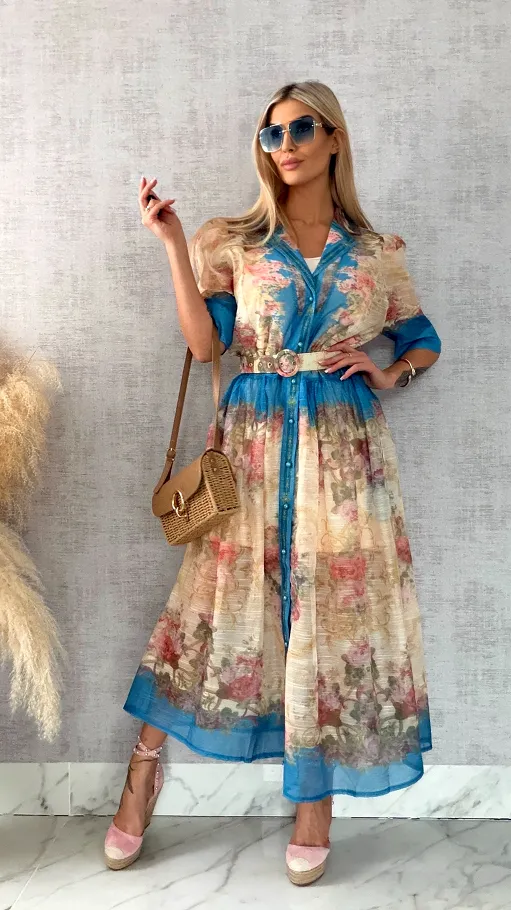 Wyjątkowa MAXI sukienka w kwiaty zapinana na guziki z paskiem - R464