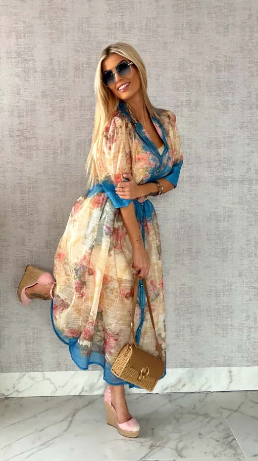 Wyjątkowa MAXI sukienka w kwiaty zapinana na guziki z paskiem - R464