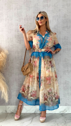 Wyjątkowa MAXI sukienka w kwiaty zapinana na guziki z paskiem - R464