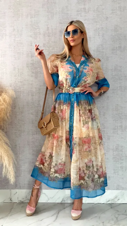 Wyjątkowa MAXI sukienka w kwiaty zapinana na guziki z paskiem - R464