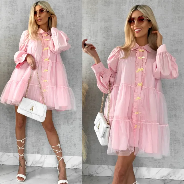 Słodka pastelowa sukienka z tiulem i kokardkami ONE SIZE pink - R478