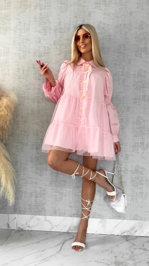 Słodka pastelowa sukienka z tiulem i kokardkami ONE SIZE pink - R478